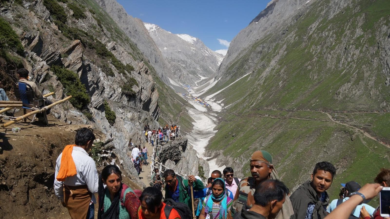 Pilgrims on the mountain trail during the Amarnath Yatra, Jammu & Kashmir