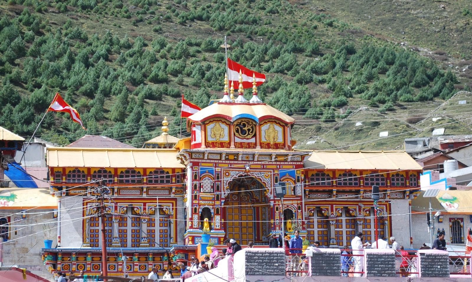 Badrinath Temple with its colourful facade against the Himalayas, Uttarakhand