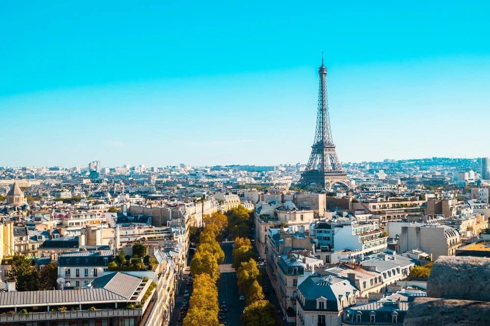 The Eiffel Tower rising over the rooftops of Paris