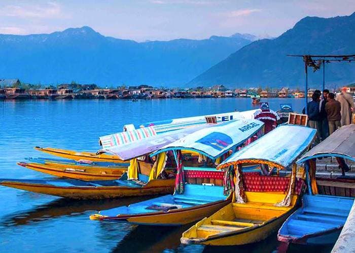 Shikara boats on Dal Lake, Kashmir, at dusk